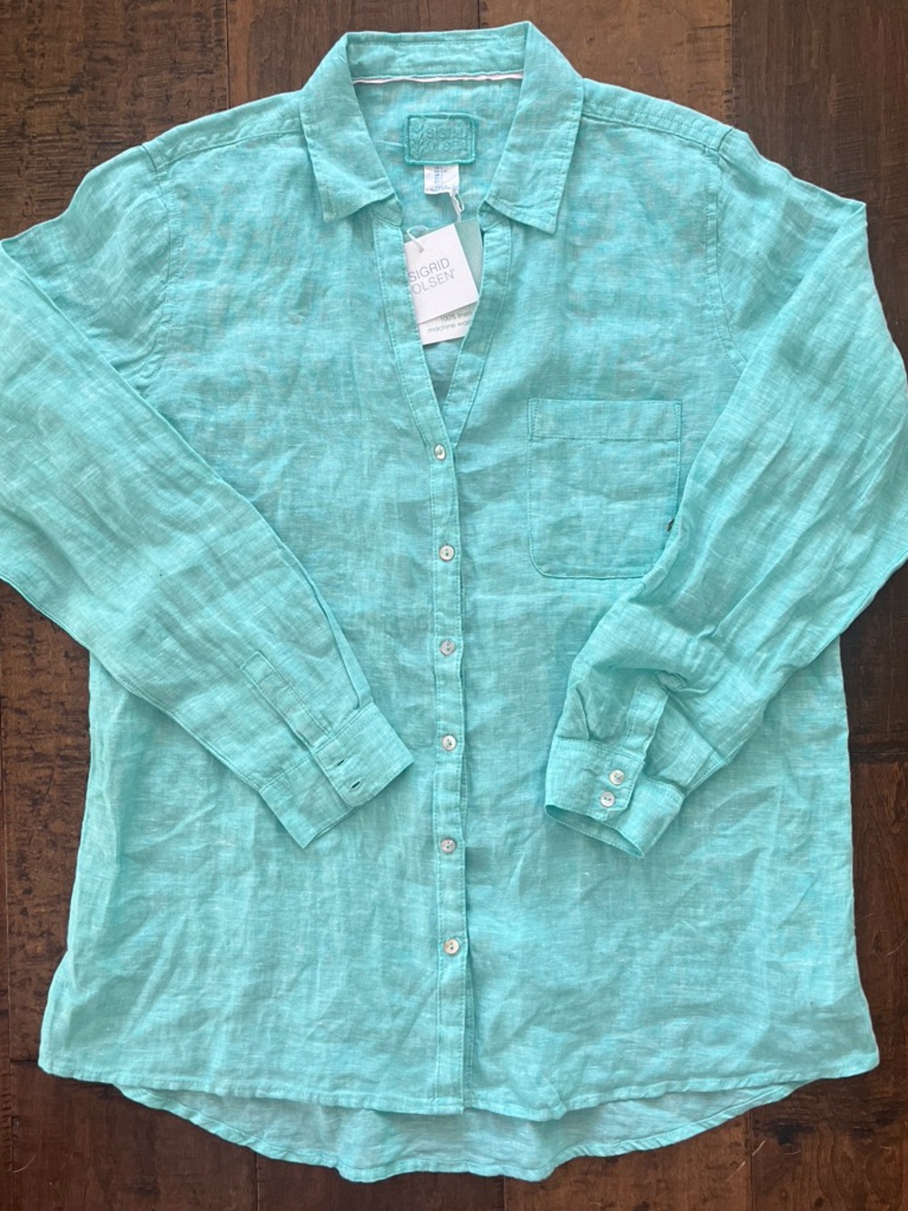 Sigrid Olsen aqua mint green 100% washable slub texture linen button-down shirt